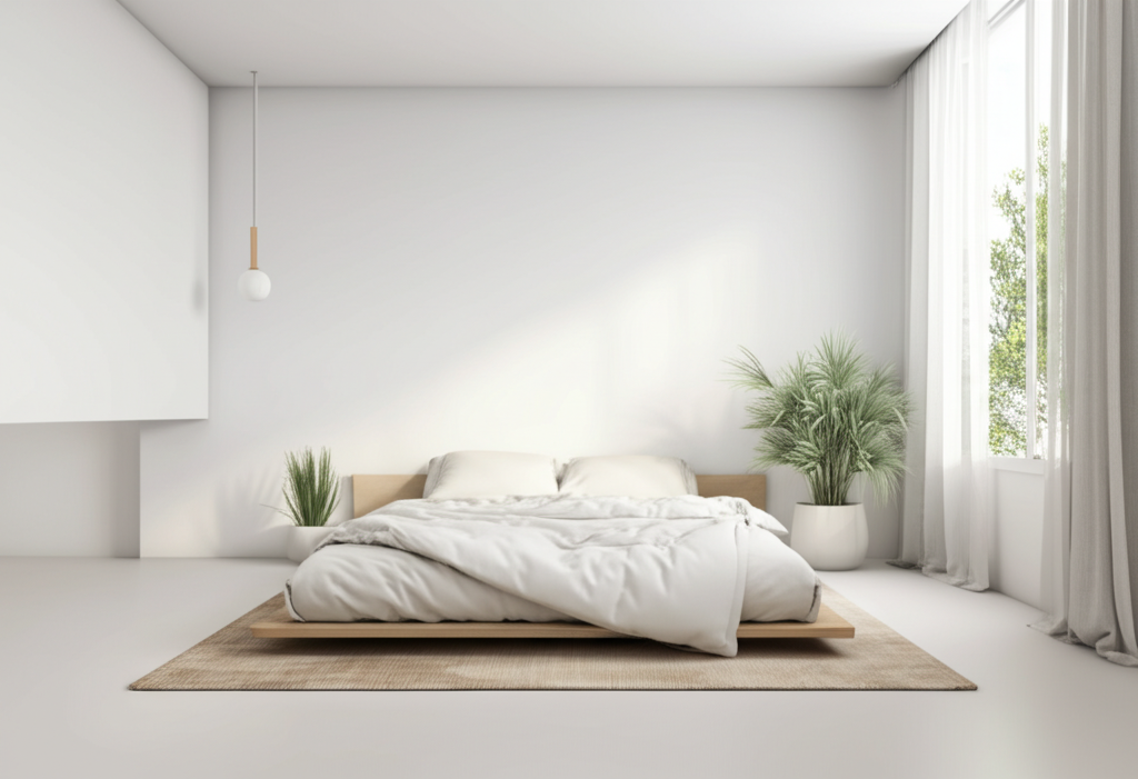 Dormitorio minimalista con amplios ventanales